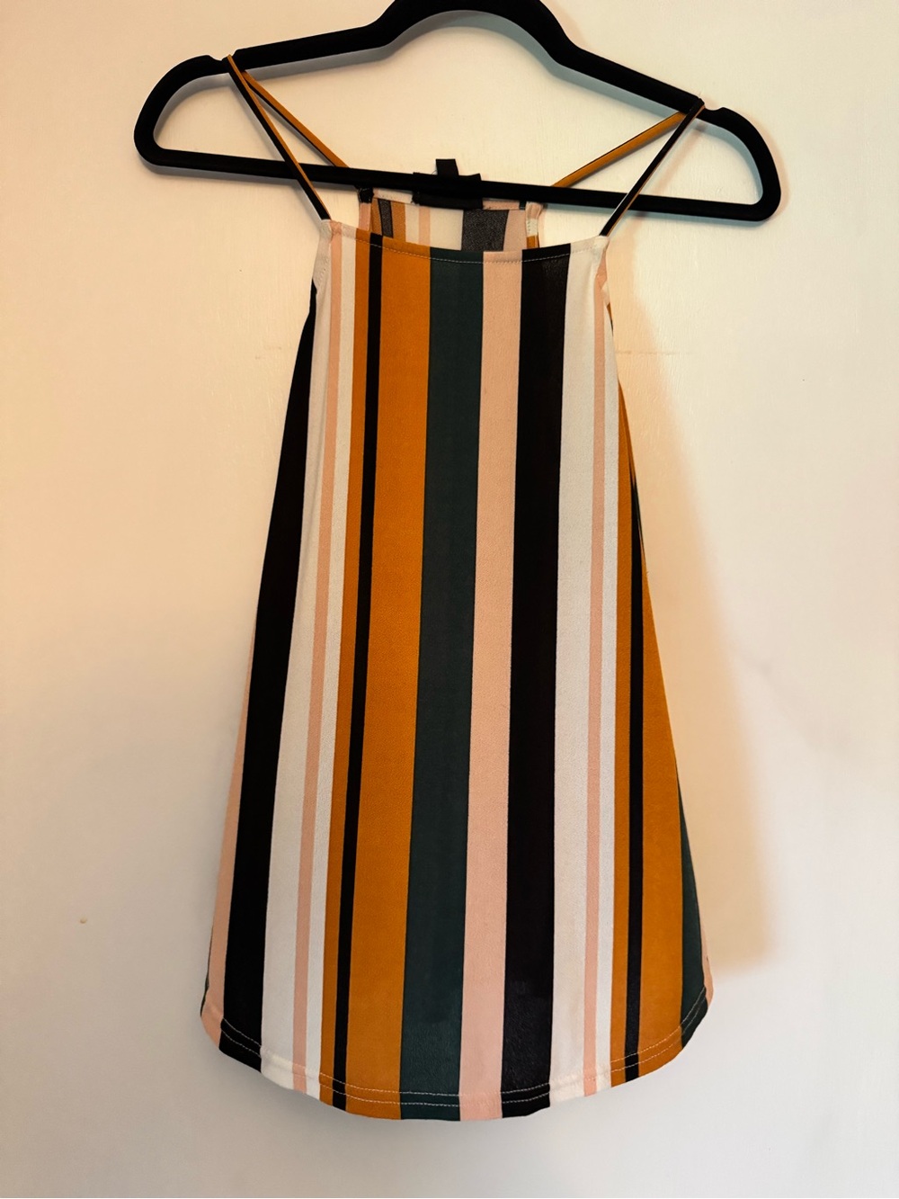 Striped Spaghetti Strap A-Line Dress in Mustard, Green & Black